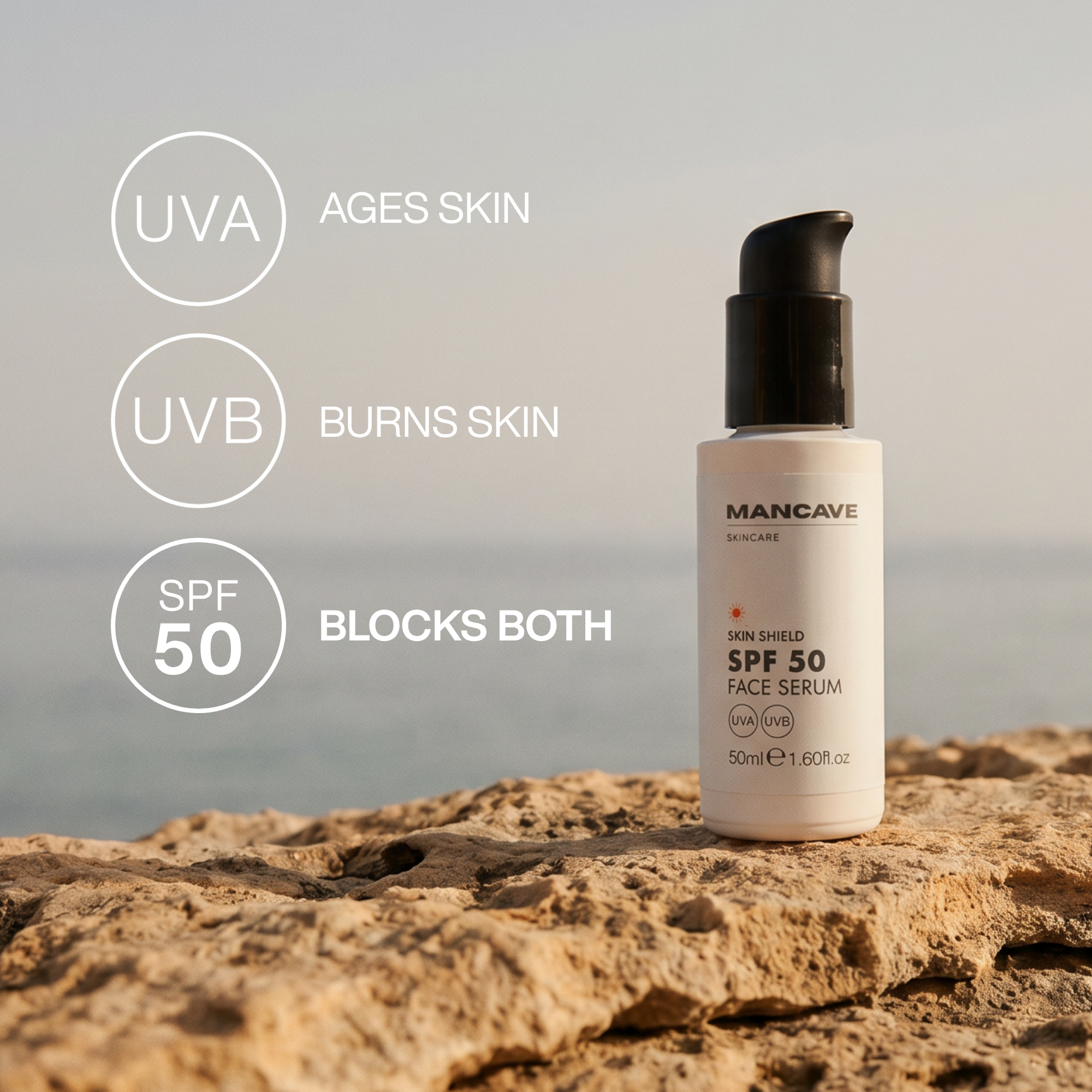 ManCave Skin Shield SPF 50 Face Serum — 50ml lightweight daily sun protection serum with broad-spectrum UVA and UVB filters