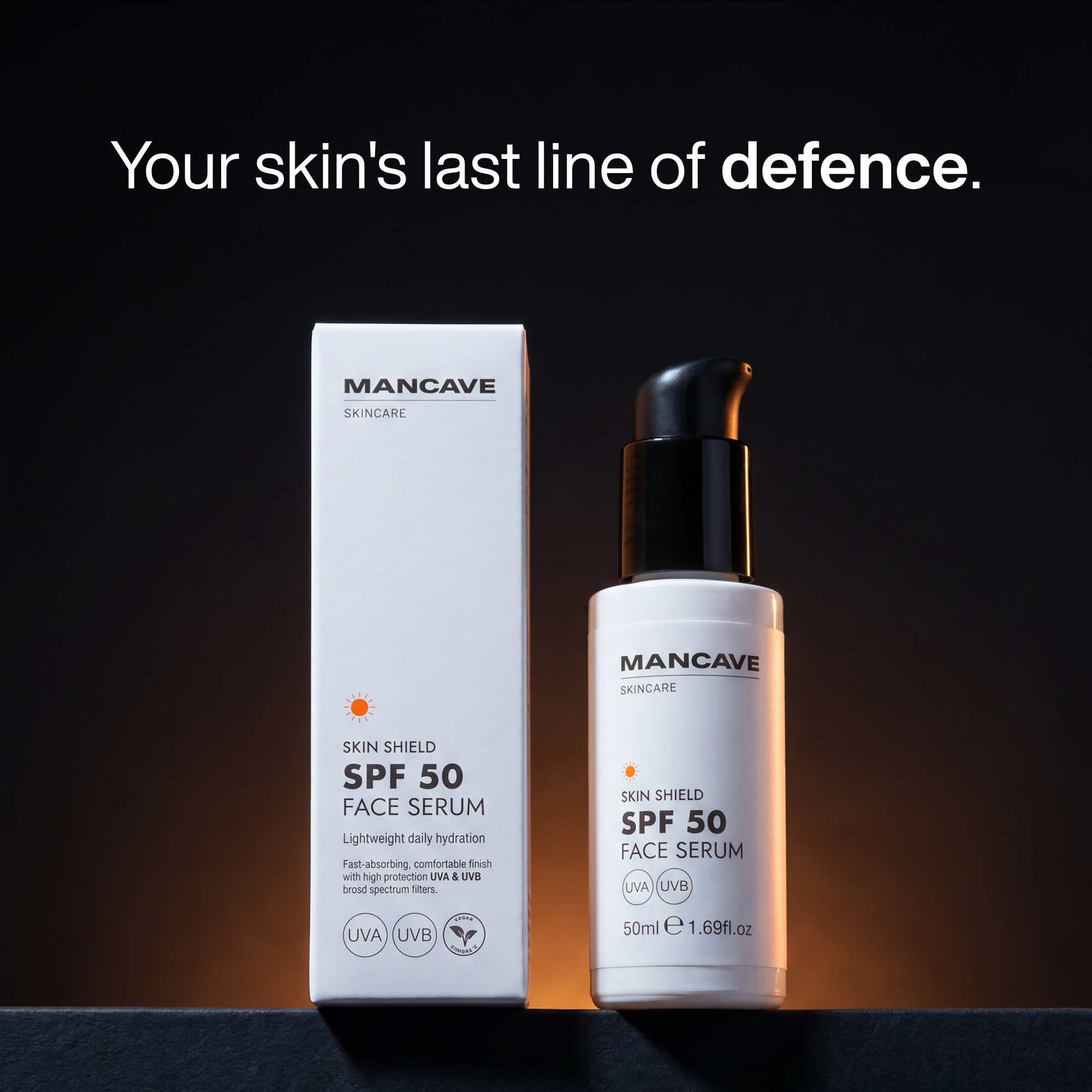 ManCave Skin Shield SPF 50 Face Serum — 50ml lightweight daily sun protection serum with broad-spectrum UVA and UVB filters