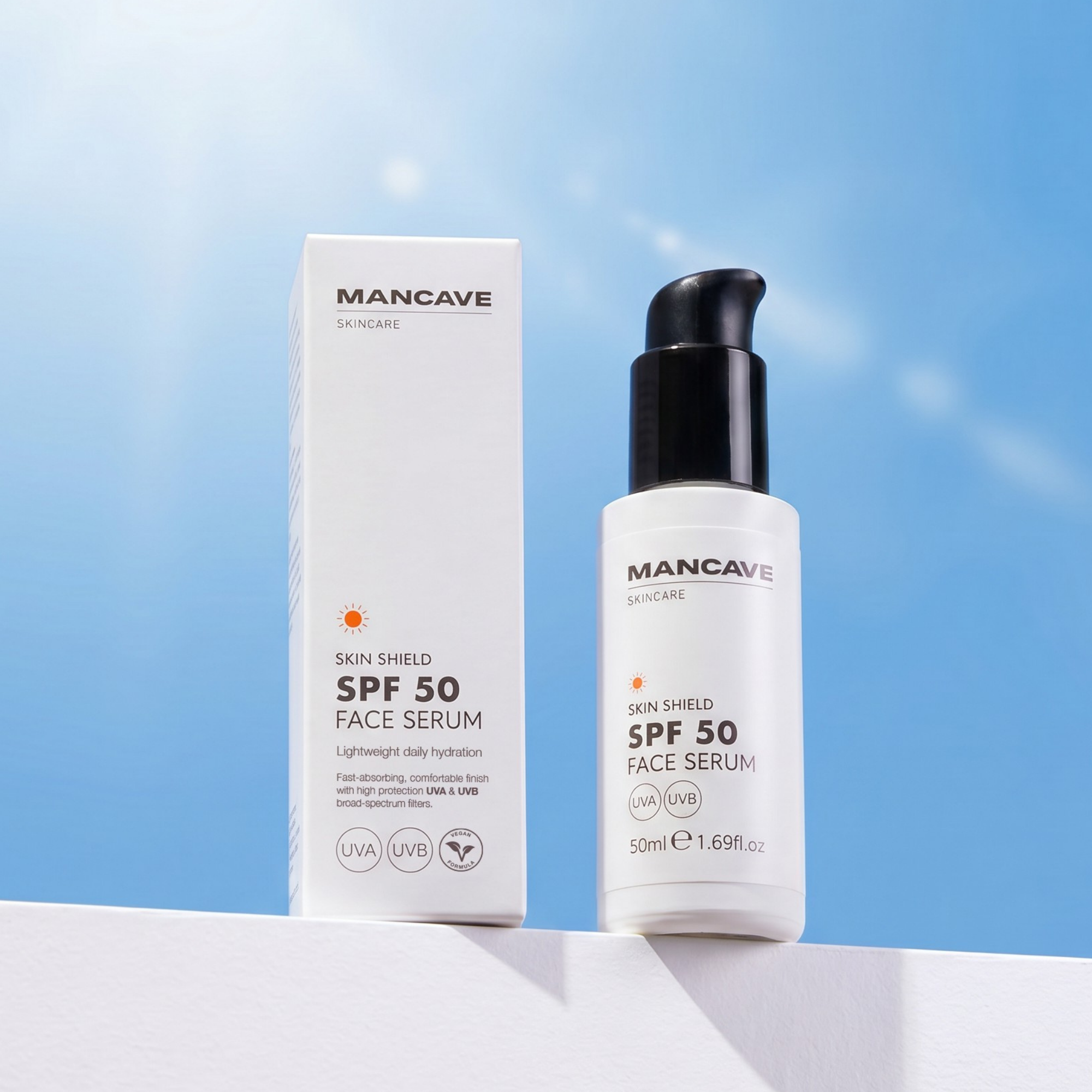 ManCave Skin Shield SPF 50 Face Serum — 50ml lightweight daily sun protection serum with broad-spectrum UVA and UVB filters